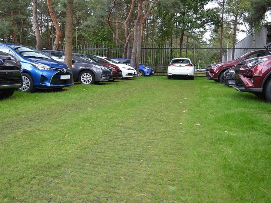Rasenfläche mit vollem Parkplatz